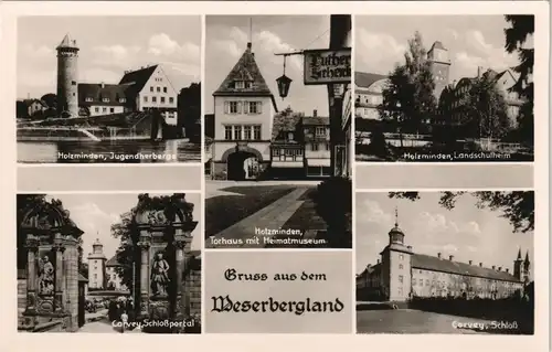 Holzminden Mehrbild-AK mit Jugendherberge, Torhaus, Corvey Schloss 1955