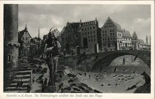 Ansichtskarte Hameln Rattenfänger säubert Stadt von Ratten Plage 1930