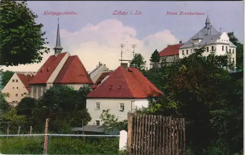 Ansichtskarte Löbau Heiliggeistkirche, Neues Krankenhaus 1913
