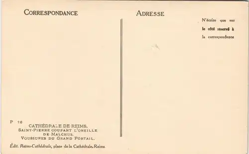 Reims Reims CATHÉDRALE SAINT-PIERRE COUPANT L'OREILLE DE MALCHUS 1920