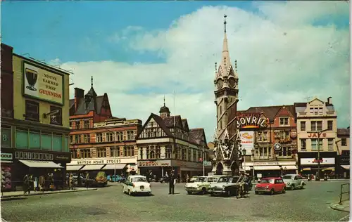 Postcard Leicester CLOCK TOWER AND CITY CENTRE, Strassen Ansicht 1969