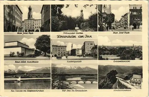 Rosenheim Mehrbild-AK mit Kunsthalle, Max-Josef-Platz, Botan. Garten uvm. 1954