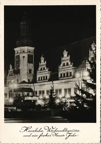 Ansichtskarte Leipzig Weihnachten Markt bei Nacht Altes Rathaus 1959