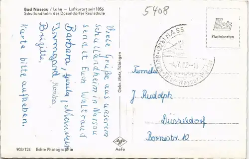 Ansichtskarte Nassau (Lahn) Schullandheim der Düsseldorfer Realschule 1962