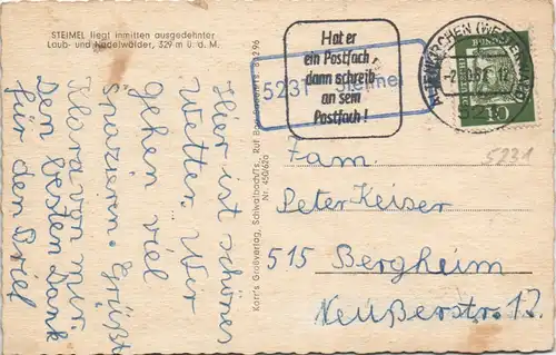 Ansichtskarte Steimel Luisenhof 1961   gelaufen mit Landpoststempel 5231 STEIMEL