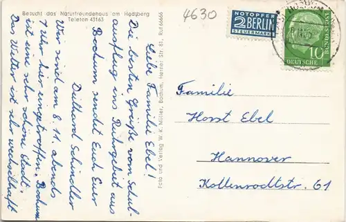 Ansichtskarte Dahlhausen-Bochum Birkenweg, Naturfreundehaus, Hedtberg 1955