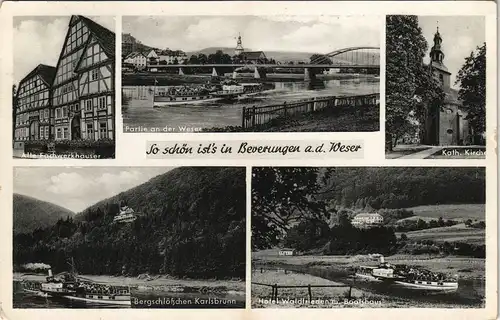 Beverungen Mehrbild-AK Fachwerkhäuser, Kirche, Weser Panorama 1930