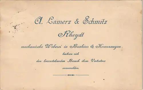 Rheydt-Mönchengladbach Drucksache Werbung Lamerz & Schmitz mech. Weberei 1896