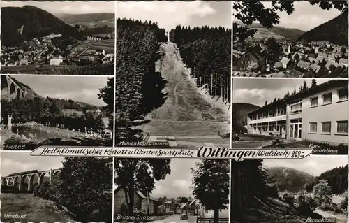 Ansichtskarte Willingen (Upland) MB Sprungschanze, Kurhaus, Freibad 1958
