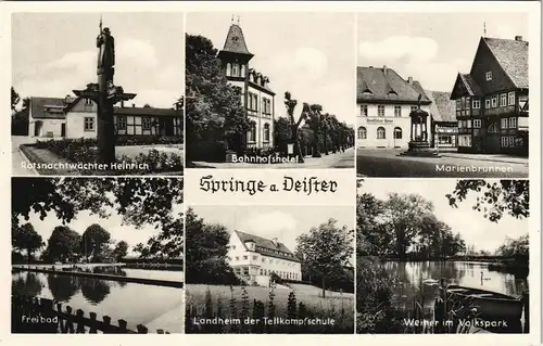 Springe Mehrbild-AK Deister Ort, Freibad, Kampfschule, Bahnhofs-Hotel 1950