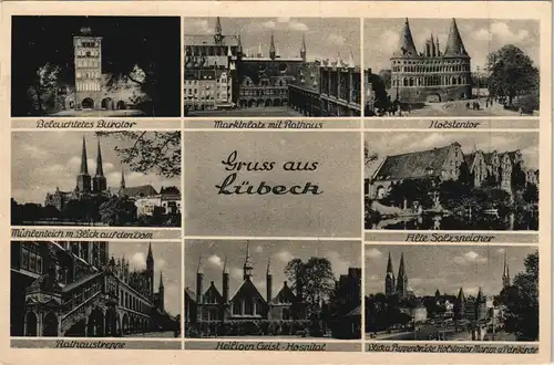 Lübeck Mehrbild-AK mit Burgtor, Holstentor, Salzspeicher uvm. 1943