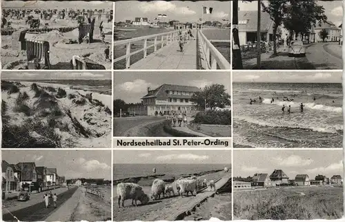 Ansichtskarte St. Peter-Ording MB: Strand, Straße - VW Käfer, Schaafe 1960