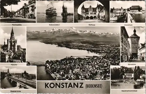 Konstanz Mehrbild-AK mit Luftaufnahme, Hafen Schiffe, Rhein-Brücke uvm. 1960