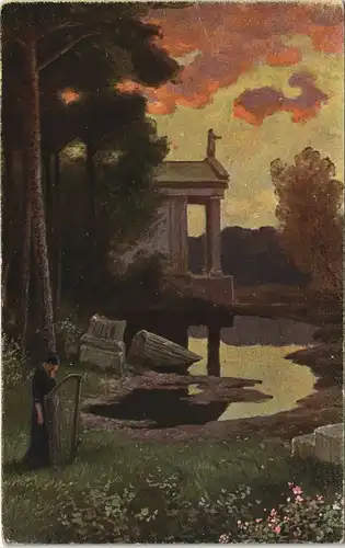 Ansichtskarte  Künstlerkarte Gemälde Stimmungsbild Natur Frau mit Harfe 1920