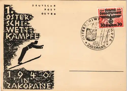 Postcard Zakopane Ganzsache Skispringen gel. General Gouvernement 1940