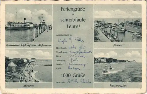 Ansichtskarte Wyk (Föhr) Strand, Wellenreiten, Hafen 1954