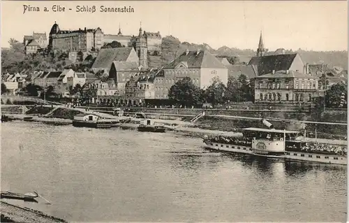 Ansichtskarte Pirna Schloss Sonnenstein, Dampfer Anlegestelle 1917