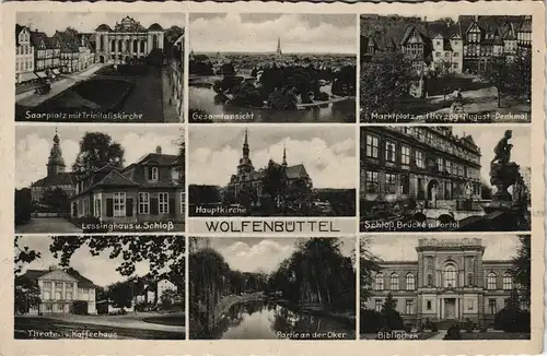 Wolfenbüttel Mehrbild-AK ua. Saarplatz, Theater Kaffeehaus, Kirche uvm. 1930