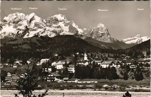 Ansichtskarte Krün Panorama Ort und Alpen Berge, z.B. Zugspitze 1957