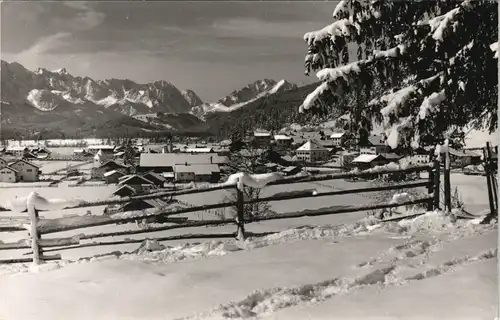 .Bayern Winter-Ansichtskarte Stimmungsbild Ort in Bayern mit Zugspitze 1955