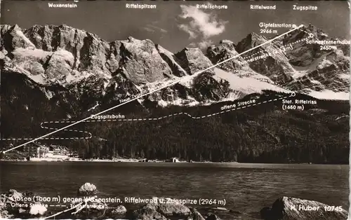 Garmisch-Partenkirchen Eibsee Alpen Berge eingezeichnete Bergbahn-Linien 1960