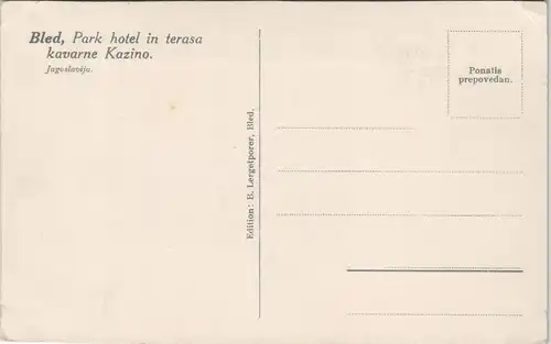 Postcard Bled Veldes Park hotel in terasa, kavarne Kazino 1950