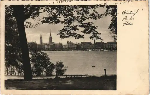 Altstadt-Hamburg Alster Blick Stadt Teilansicht 1932   gel mit Stempel HAMBURG