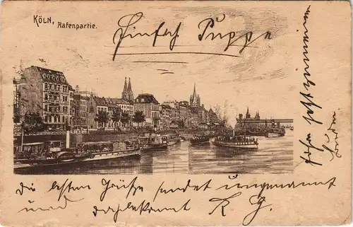 Ansichtskarte Köln Hafen Partie Rhein Schiffe, Künstlerkarte 1904