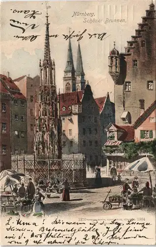 Nürnberg Künstlerkarte Schöner Brunnen i.d. Innenstadt 1906/1904