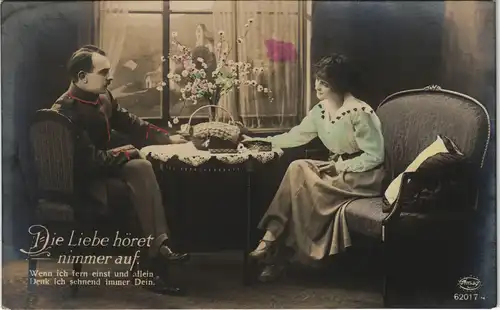 "Die Liebe höret nimmer auf" Liebespaar Fotokunst teilcoloriert 1910