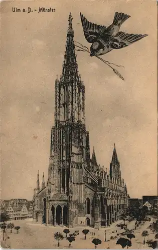 Ulm a. d. Donau Ulmer Münster mit Schwalbe 1920  Stempel "Hauptturm"