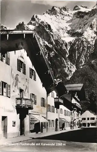 Mittenwald Hochstrasse mit Karwendel, Wein Handlung Geschäft 1960