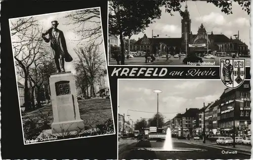 Krefeld Crefeld Mehrbild-AK mit Hauptbahnhof, Weber-Denkmal, Ostwall 1986/1960