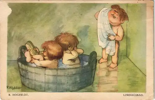 Ansichtskarte  Künstlerkarte Trolle beim baden Lördabad 1932