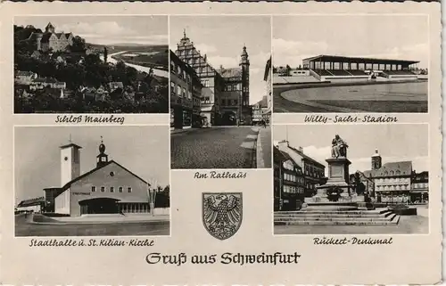 Ansichtskarte Schweinfurt Willy-Sachs-Stadion, Rathaus, Stadthalle 1962