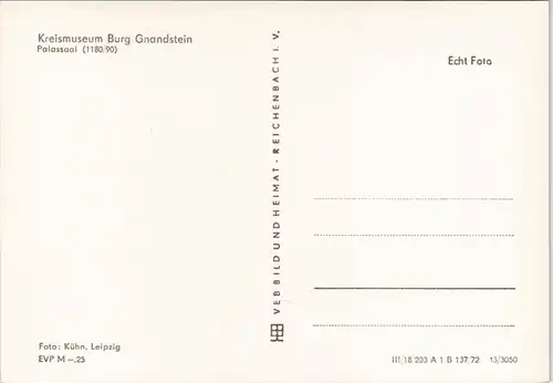 Ansichtskarte Gnandstein-Kohren-Sahlis Burg Gnandstein Palassaal 1972