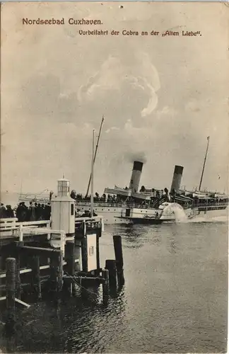 Cuxhaven Vorbeifahrt der Cobra an der „Alten Liebe". Schauffelraddampfer 1912