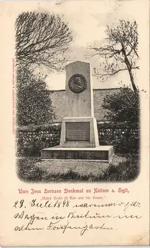 Ansichtskarte Keitum (Sylt) Kejtum / Kairem Uwe Jens Lornsen Denkmal 1898