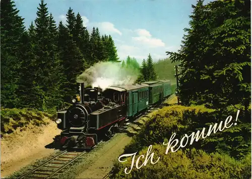 Ansichtskarte  "Ich komme!" Eisenbahn alte Dampflokomotive im Wald 1970