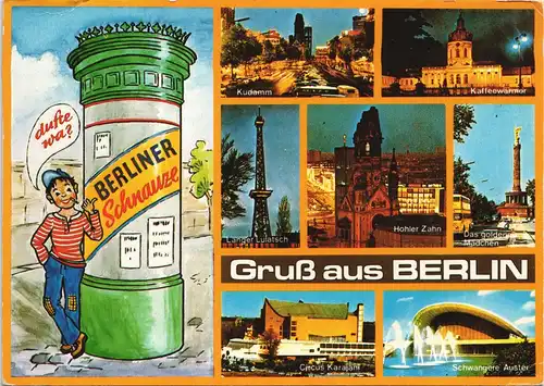 Berlin Stadtteilansichten mit Illustration Berliner Schauze auf Litfaßsäule 1980