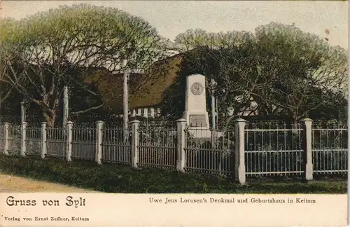 Keitum (Sylt) Kejtum  Uwe Jens Lornsen's Denkmal und Geburtshaus in Keitum 1908