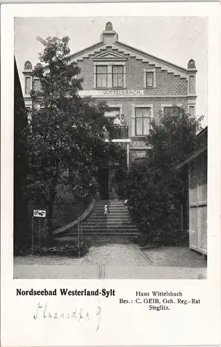 Ansichtskarte Westerland-Gemeinde Sylt Strandstraße 9 - Haus Wittelsbach 1922