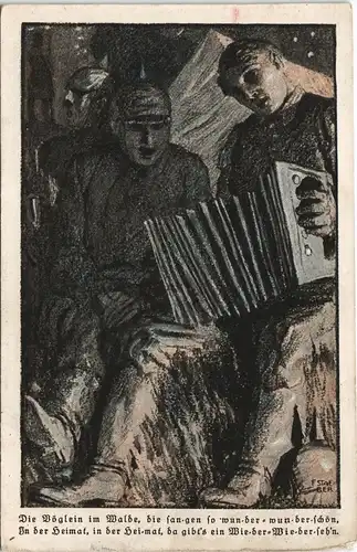 Ansichtskarte  Künstlerkarte musizierende Soldaten im Felde WK1 1914