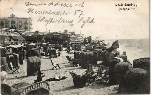 Ansichtskarte Westerland-Sylt Hotel Miramar, Strandhalle und Strandkörbe 1908