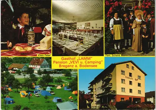 Bregenz Gasthof Lamm Pension VEVI Camping, Tankstelle, Mehrbild-AK 1986