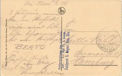 Arras Atrecht Rathaus - Innen gel. Feldpost 5. bayer. Res Div 1916