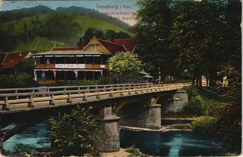 Ansichtskarte Treseburg Badebrücke mit Hotel Forelle 1917