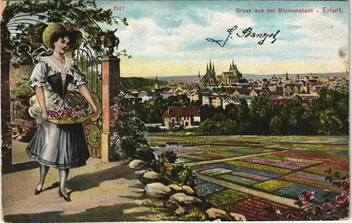 Ansichtskarte Erfurt Blumenfrau - Stadtpartie Blumenbeete 1913