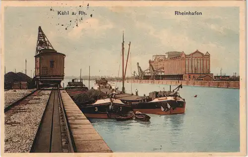Kehl (Rhein) Hafen, Kran - Schlepper gel Feldpost Landst. Bat. Rosenheim 1915