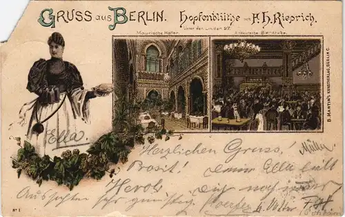 Litho AK Berlin 2 Bild Hopfenblüte Restaurant Innen - Unter den Linden 1898